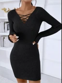 Kadın Uzun Kollu V Yakalı çapraz şerit Detaylı şardonlu Kaşkorse Midi Elbise thumbnail 9