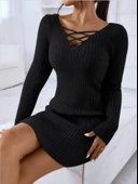 Kadın Uzun Kollu V Yakalı çapraz şerit Detaylı şardonlu Kaşkorse Midi Elbise thumbnail 7