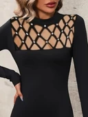 Kadın Uzun Kollu Bisiklet Yaka Lazer Kesim Inci Detay Viskon Iki Iplik Mini Boy Elbise thumbnail 2