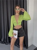 SATEN CROP TOKA DETAYLI BLUZ - Yeşil thumbnail 1