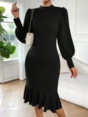 Kadın Uzun Kollu Yarı Balıkçı Yaka Etek Ucu Fırfır Detaylı Midi Ithal Krep Elbise thumbnail 3