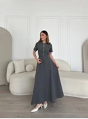 Kısa Kollu Önden Fermuarlı Çan Etekli Uzun Elbise - Antrasit thumbnail 1