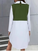 Kadın Uzun Kollu Gömlek Yaka çift Renkli Trikoton Elbise thumbnail 3