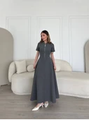 Kısa Kollu Önden Fermuarlı Çan Etekli Uzun Elbise - Antrasit thumbnail 2