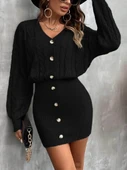 Kadın Uzun Kollu V Yakalı önden Düğmeli Kısa Triko Elbise thumbnail 1