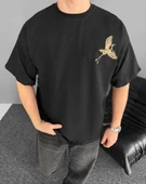 Ön Ve Arka Baskılı Oversize Bisiklet Yaka T-shirt - Siyah thumbnail 2