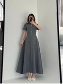 Kısa Kollu Önden Fermuarlı Çan Etekli Uzun Elbise - Antrasit thumbnail 3