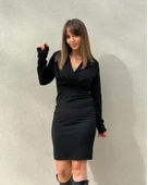 Kadın Uzun Kollu Kruvaze Yaka Krep Mini Boy Elbise thumbnail 9