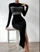 Kadın Yarım Balıkçı Yaka Taş Işemeli Bacak Dekolteli Maxi Boy Elbise thumbnail 1