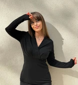 Kadın Uzun Kollu Kruvaze Yaka Krep Mini Boy Elbise thumbnail 12