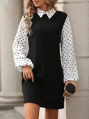 Kadın Uzun Kollu Yakalı Kol Ve Yaka Puantiye Detaylı Ithal Krep Elbise thumbnail 2