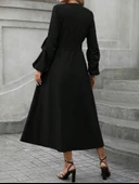 Kadın Uzun Kollu Derin V Yakalı Belden Kuşaklı önden Düğmeli Janjan Krep Elbise thumbnail 4