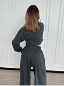 Uzun Kollu Önü İp Büzgülü Crop Ve Pantolon İkili Takım - Antrasit thumbnail 3