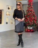 Kadın Uzun Kollu Bisiklet Yaka üç Parça Deri Ve Kazayağı Detay üç Iplik Kumaş şardonsuz Elbise - 5