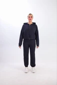 Iki Iplik Kapüşonlu Fermuarlı Crop Oversize Hırka Takım- Lacivert - 2