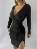 Kadın Uzun Kollu Kruvaze Yaka Bağcık Detay Akrilik Mini Boy Elbise thumbnail 5