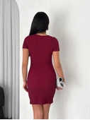 Bisiklet Yaka Kısa Kol Likralı Elbise - Bordo thumbnail 3