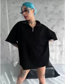 Unisex Yarım Fermuarlı Düz Oversize T-Shirt - Siyah thumbnail 1