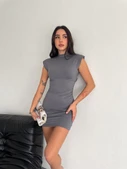 Yarım Bogazlı Kolsuz Mini Boy Elbise - Gri thumbnail 3