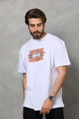 Unisex Bisiklet Yaka Baskılı Oversize T-Shirt - Beyaz thumbnail 2