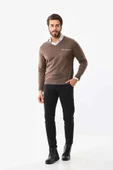 Baskılı V Yaka Uzun Kol Dokuma Triko - Kahve - 1