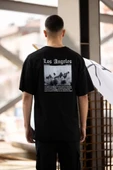 Unisex Bisiklet Yaka Baskılı Oversize T-Shirt - Siyah thumbnail 3