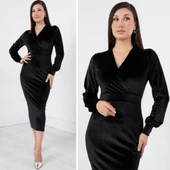 Kadın Kadife Kumaş Manşetli V Yaka Şık Kalem Elbise thumbnail 1