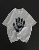 Unisex Bisiklet Yaka Baskılı Oversize T-Shirt - Beyaz thumbnail 1