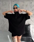 Unisex Yarım Fermuarlı Düz Oversize T-Shirt - Siyah thumbnail 2