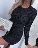 Kadın Uzun Kollu Bisiklet Yaka Yandan Büzgülü Flok Baskı Sandy Elbise thumbnail 2