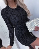 Kadın Uzun Kollu Bisiklet Yaka Yandan Büzgülü Flok Baskı Sandy Elbise thumbnail 3