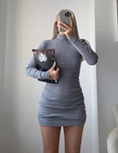 Kadın Uzun Kollu Balıkçı Yaka Büzgü Detay Kaşkorse Kumaş Mini Elbise thumbnail 1