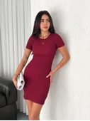Bisiklet Yaka Kısa Kol Likralı Elbise - Bordo thumbnail 4
