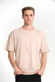 Unisex Düz Biskilet Yaka Oversize T-shirt - Bej thumbnail 1