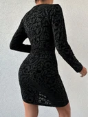 Kadın Uzun Kollu Bisiklet Yaka Yandan Büzgülü Flok Baskı Sandy Elbise thumbnail 6