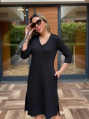 Kadın Uzun Kollu V Yakalı Yanlardan Yırtmaçlı Viskon Iki Iplik Midi Elbise thumbnail 2