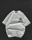 Unisex Bisiklet Yaka Baskılı Oversize T-Shirt - Beyaz thumbnail 1