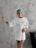 Unisex Bisiklet Yaka Baskılı Oversize T-Shirt - Beyaz thumbnail 1