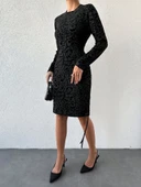 Kadın Uzun Kollu Bisiklet Yaka Yandan Büzgülü Flok Baskı Sandy Elbise thumbnail 8