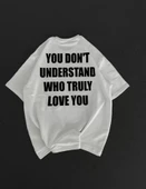 Unisex Bisiklet Yaka Baskılı Oversize T-Shirt - Beyaz thumbnail 2