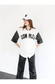 Complex Kolları Deri Kolej Oversize T-shirt - Beyaz thumbnail 2