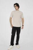 Unisex Bisiklet Yaka Slim Fit T-Shirt- Bej thumbnail 4