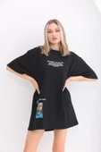 Unisex Bisiklet Yaka Baskılı Oversize T-Shirt - Siyah thumbnail 3