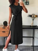 Kadın Kısa Kollu Yuvarlak Yaka Belden Bağcıklı önden Yırtmaçlı Aerobin Elbise thumbnail 1