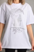 Unisex Taş Desenli Oversize T-Shirt - Beyaz thumbnail 3