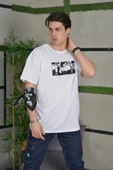 Unisex Bisiklet Yaka Baskılı Oversize T-Shirt - Beyaz thumbnail 2