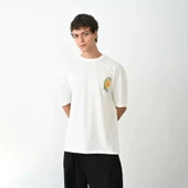 Unisex Bisiklet Yaka Baskılı Oversize T-Shirt - Beyaz thumbnail 3