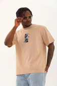 Unisex Oversize Baskılı Bisiklet Yaka T-Shirt - Bej thumbnail 1