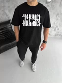Unisex Bisiklet Yaka Katlanan Baskılı T-Shirt - Siyah thumbnail 1