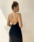 Kadın Kolsuz V Yaka Boyundan Ve Sırttan Bağlamalı Yırtmaçlı Janjan Krep Midi Elbise thumbnail 3